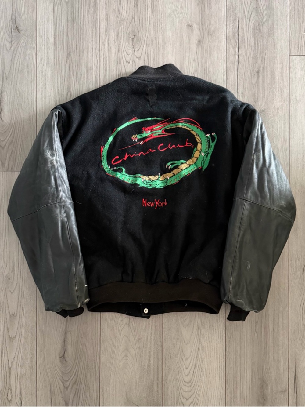 Vintage 90s China Club New York Leather Varsity Bomber Jacket